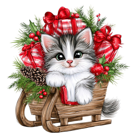 kitten, cat, holiday, christmas, festive, winter, red, white, gray, grey, evergreen, pine, forest green, plaid, checkered, ribbon bows, berries, pinecones, sleigh, rustic, whimsical, cute, charming, vintage, traditional, festive animals, christmas animals, decorative, table runner, wall hanging