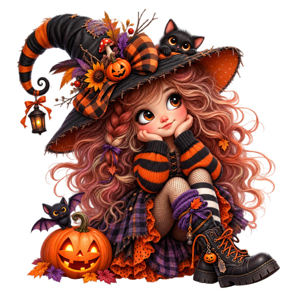 halloween, witch, orange, black, purple, pumpkin, autumn, fall, striped, plaid, whimsical, spooky, cute, black cat, jack-o-lantern, festive, seasonal, children's, novelty, rust orange, deep purple, dark brown, enchanted, playful, costume, holiday, decorative, magical, storybook, illustration style