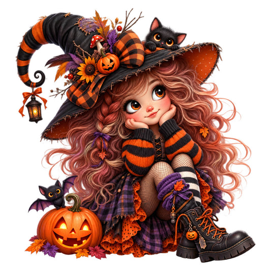 halloween, witch, orange, black, purple, pumpkin, autumn, fall, striped, plaid, whimsical, spooky, cute, black cat, jack-o-lantern, festive, seasonal, children's, novelty, rust orange, deep purple, dark brown, enchanted, playful, costume, holiday, decorative, magical, storybook, illustration style