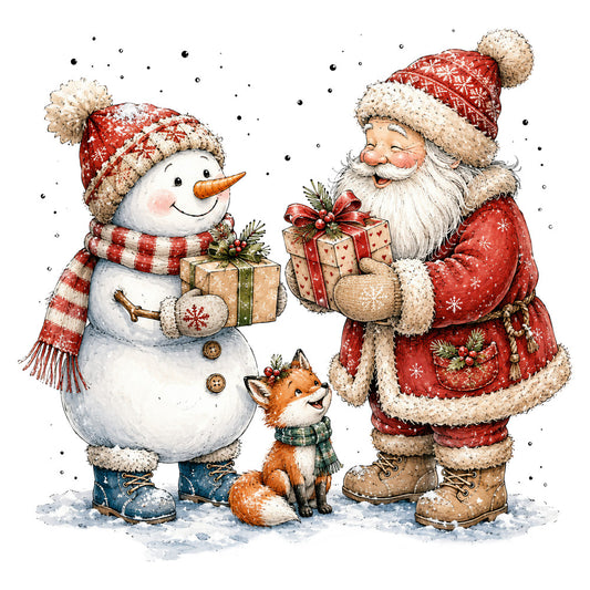 christmas, holiday, santa, snowman, red, cream, white, tan, beige, rust red, festive, whimsical, traditional, vintage, winter, snow, fox, animals, gifts, presents, snowflakes, striped, plaid, cozy, nostalgic, seasonal, children's, storybook, charming, folk art