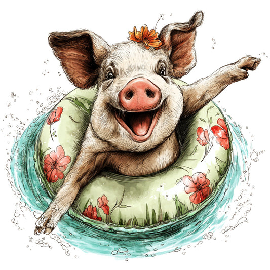 happy pig, whimsical animals, farmhouse, spring flowers, coral pink, sage green, turquoise blue, cream white, brown, floral motif, playful, cheerful, cute animals, country style, folk art, pigs, flower garden, water splashes, joyful, children's theme, baby quilt, wall art, decorative panel, rustic charm, nature inspired, pastoral, springtime, fun illustration, animal lover, cottage core