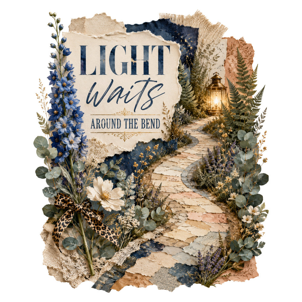 light waits around the bend, navy blue, cream, tan, rust, forest green, sage green, delphinium blue, floral, botanical, nature, vintage, rustic, elegant, whimsical, pathway, lantern, wildflowers, ferns, daisies, lupines, lavender, eucalyptus, leopard print bow, pressed flowers, garden theme, cottage core, farmhouse style, spring, summer