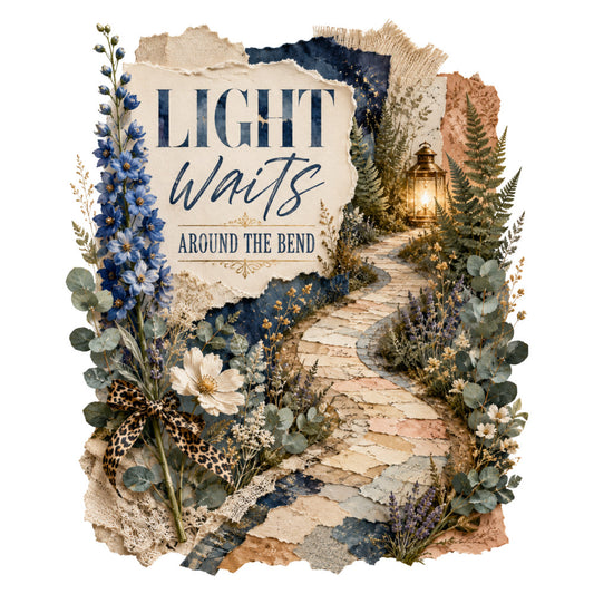 light waits around the bend, navy blue, cream, tan, rust, forest green, sage green, delphinium blue, floral, botanical, nature, vintage, rustic, elegant, whimsical, pathway, lantern, wildflowers, ferns, daisies, lupines, lavender, eucalyptus, leopard print bow, pressed flowers, garden theme, cottage core, farmhouse style, spring, summer