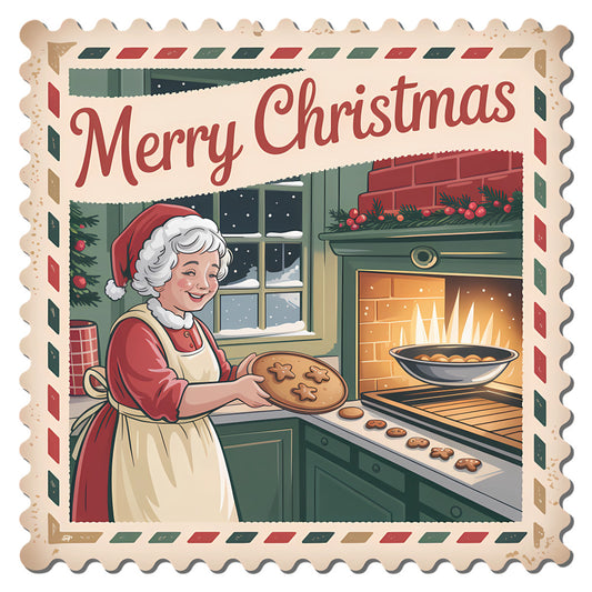 Vintage Christmas Stamps Fabric Panel 31 featuring a cheerful woman baking cookies by a warm fireplace in a cozy holiday kitchen.