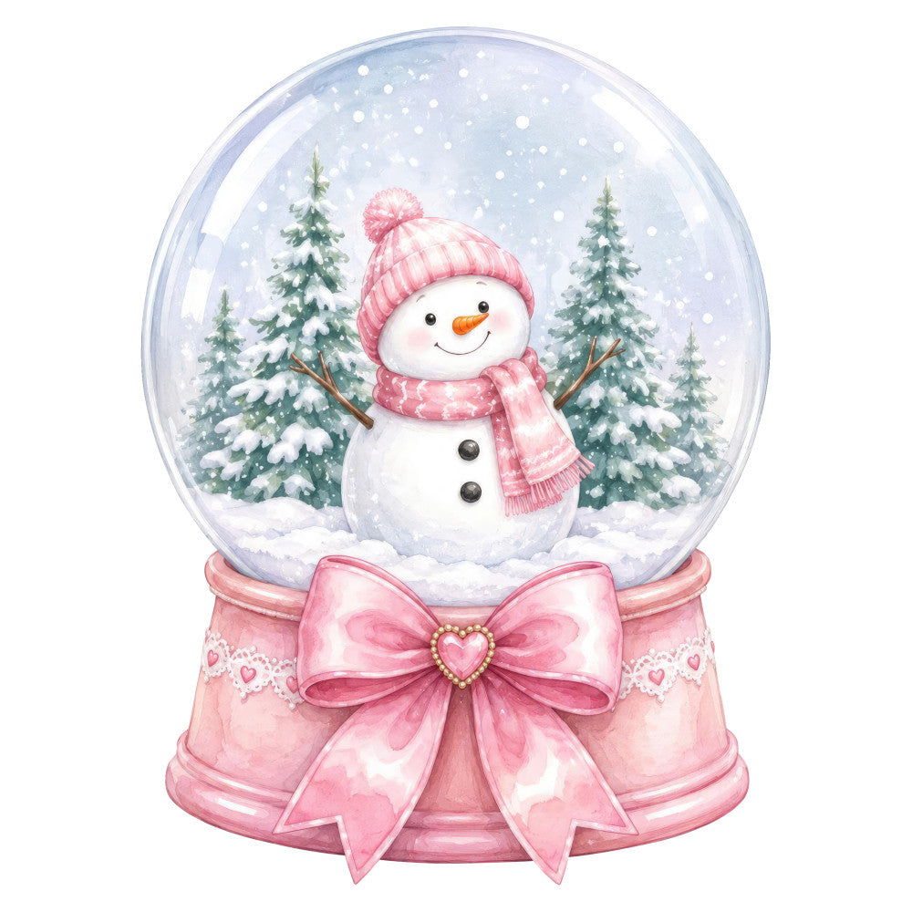 snow globe, snowman, winter, christmas, holiday, pink, white, sage green, forest green, festive, whimsical, cute, charming, evergreen trees, snow-covered trees, heart, lace, ribbon bow, pearl details, vintage, romantic, elegant, wintery, snowy landscape, seasonal, winter scene, decorative, children's, baby, sweet