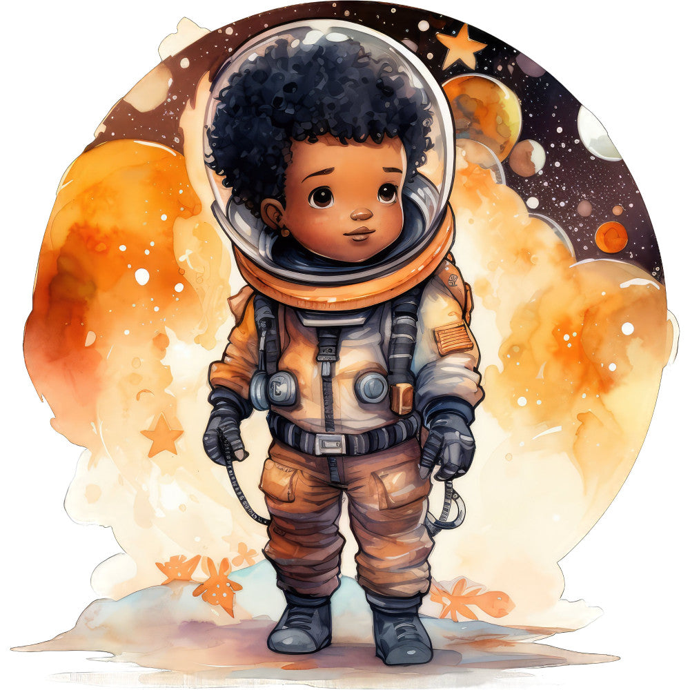space astronaut, cosmic, celestial, stars, planets, orange, cream, tan, brown, navy blue, child astronaut, space exploration, whimsical, adventure, science fiction, futuristic, dreamy, illustrated, character panel, kids theme, inspirational, explorer, galaxy, moon, outer space, educational, playful, gender neutral