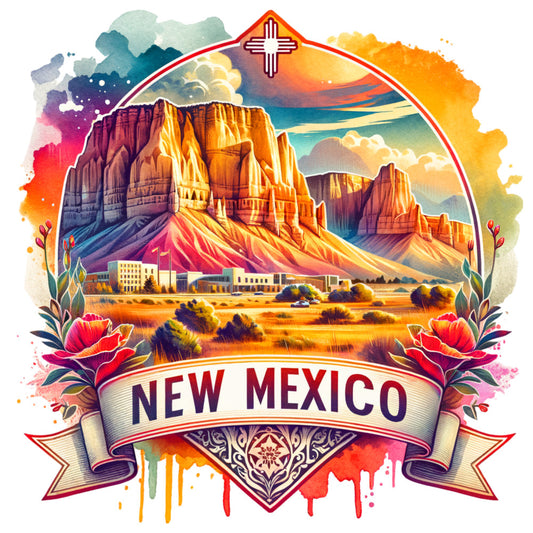 US States Retro Travel Fabric Panel 8 featuring vibrant New Mexico landscape on premium quilting cotton fabric panel.