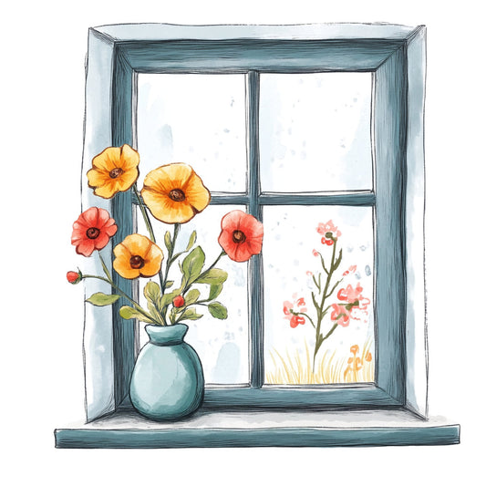 window, floral, flowers, poppy, yellow, coral pink, teal blue, turquoise, botanical, nature, spring, summer, vintage, whimsical, cottage, farmhouse, home decor, windowsill, vase, green leaves, cheerful, botanical illustration, traditional, romantic, garden flowers, plant motif, indoor plant, decorative panel, illustrated flowers