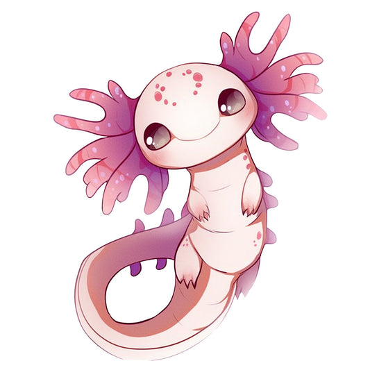 pink, purple, coral, axolotl, cartoon, cute, kawaii, anime style, amphibian, salamander, gills, fabric panel, quilting cotton, adorable, pastel colors, aquatic animal, soft pink, lavender, whimsical, children's fabric