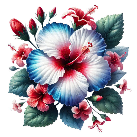 red hibiscus, blue hibiscus, tropical flowers, floral design, coral pink, deep blue, navy blue, forest green, teal green, white flowers, gradient flowers, ombre petals, large scale floral, botanical, nature inspired, elegant, garden flowers, summer blooms, spring flowers, vibrant colors, jewel tones, artistic botanical, watercolor style, contemporary floral, decorative florals, hibiscus blossoms, layered petals, flower buds, statement flowers, sophisticated design