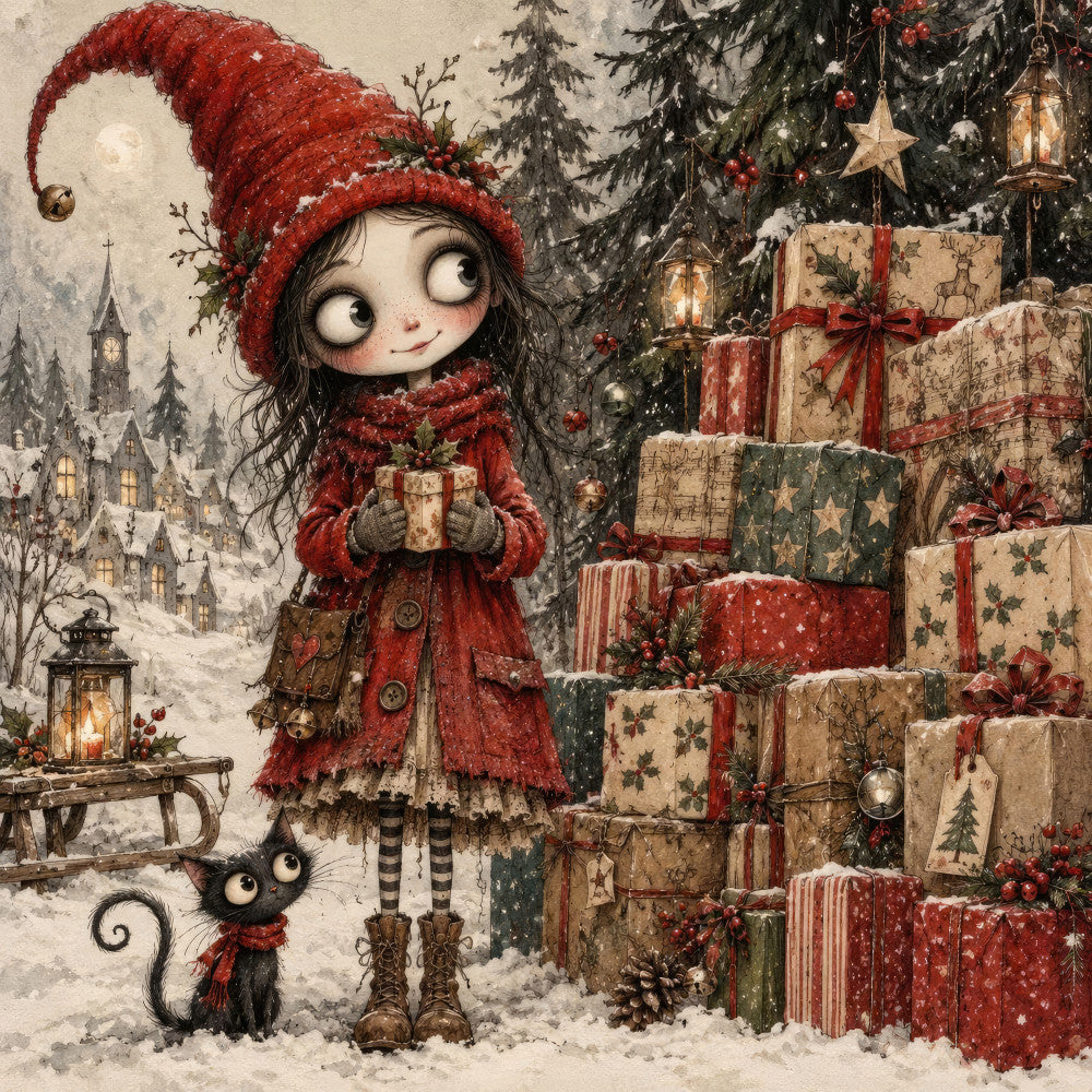 christmas, holiday, winter, red, cream, forest green, burgundy, black, gold, vintage, whimsical, gothic, fairy tale, girl, character, gifts, presents, snow, snowy landscape, lanterns, stars, evergreen trees, pine trees, striped stockings, boots, festive, nostalgic, storybook, dark whimsy, holiday decorations