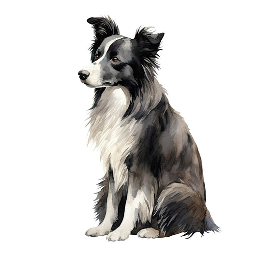 Watercolor Dogs Fabric Panel 27 featuring a detailed, realistic painting of a black and white Border Collie dog sitting.