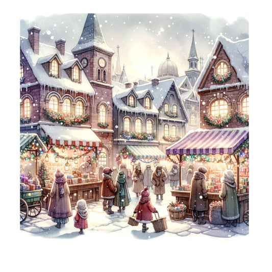 winter village, christmas market, snow scene, holiday, festive, victorian, nostalgic, vintage, brick buildings, church steeple, snow-covered roofs, winter market stalls, shoppers, awnings, striped, garland, wreaths, warm lights, cozy, traditional, whimsical, storybook, red brick, burgundy, cream, purple, sage green, rust red, snowy landscape, christmas caroling
