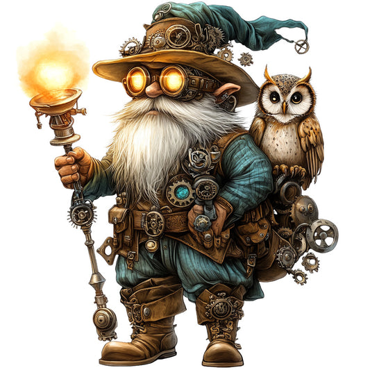 steampunk gnome, mechanical wizard, brown owl, brass gears, copper goggles, teal robes, white beard, glowing staff, victorian fantasy, bronze clockwork, turquoise fabric, ornate gadgets, mystical flame, detailed illustration, fabric panel, quilting cotton, fantasy character, steampunk accessories, magical inventor, intricate machinery