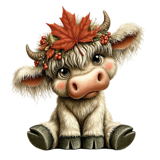 autumn, fall, highland cattle, highland cow, yak, rustic, whimsical, cute, charming, cream, ivory, rust red, coral, burnt orange, rowan berries, maple leaf, horns, farmhouse, countryside, animal, nature, seasonal, thanksgiving, harvest, festive, folk art, cozy, warm tones, woodland, decorative
