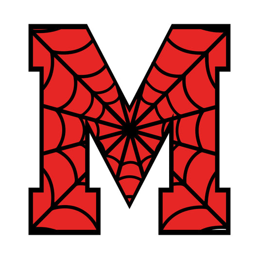 red, black, spider web, letter m, alphabet, superhero theme, comic book style, geometric pattern, radial design, fabric panel, quilting cotton, craft material, children's fabric, bright colors, web pattern, angular lines, graphic design, nursery fabric, applique ready, sewing project