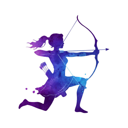 purple, blue, navy blue, gradient, ombre, watercolor, silhouette, archer, archery, zodiac, sagittarius, constellation, celestial, mythological, goddess, warrior, boho, bohemian, mystical, elegant, modern, abstract, artistic, fantasy, spiritual, astrological, night sky, cosmic, dynamic, action pose
