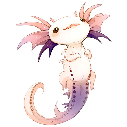 axolotl, cartoon, anime style, pink gills, purple gradient, cream colored, aquatic animal, salamander, cute character, fabric panel, quilting cotton, kawaii style, fantasy creature, underwater theme, pastel colors, adorable design, children's fabric, craft panel, sewing project, amphibian