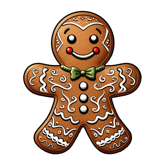 Cute Christmas Gingerbread Man Fabric Panel 8 featuring a smiling gingerbread man with white icing and a green bow tie on premium quilting cotton.