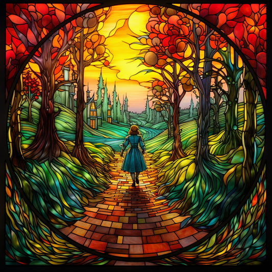 stained glass, yellow brick road, dorothy, wizard of oz, autumn trees, emerald city, sunset sky, circular design, red leaves, orange foliage, fabric panel, quilting cotton, fantasy scene, swirling pattern, warm colors, golden yellow, deep reds, forest green, copper tones, fairy tale