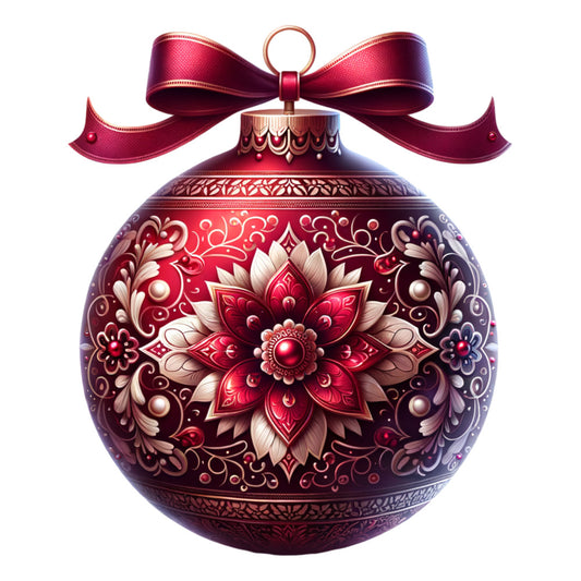 burgundy, deep red, gold accents, ornate floral, mandala design, christmas ornament, satin ribbon bow, metallic details, decorative scrollwork, holiday fabric panel, quilting cotton, festive motif, intricate patterns, dimensional shading, baroque style, winter theme, ornamental flourishes, rich jewel tones