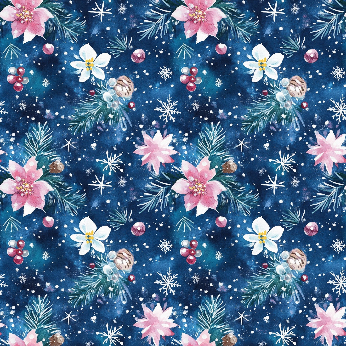 Watercolor Blue Christmas Pattern 8 Quilting Cotton Fabric