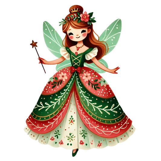 fairy, wings, whimsical, fantasy, magical, forest green, coral pink, cream, red, golden yellow, floral, flowers, leaves, nature, fairy tale, storybook, children's, girl, princess, crown, magic wand, star, botanical, vintage, traditional, enchanted, spring, summer, character panel, decorative motif