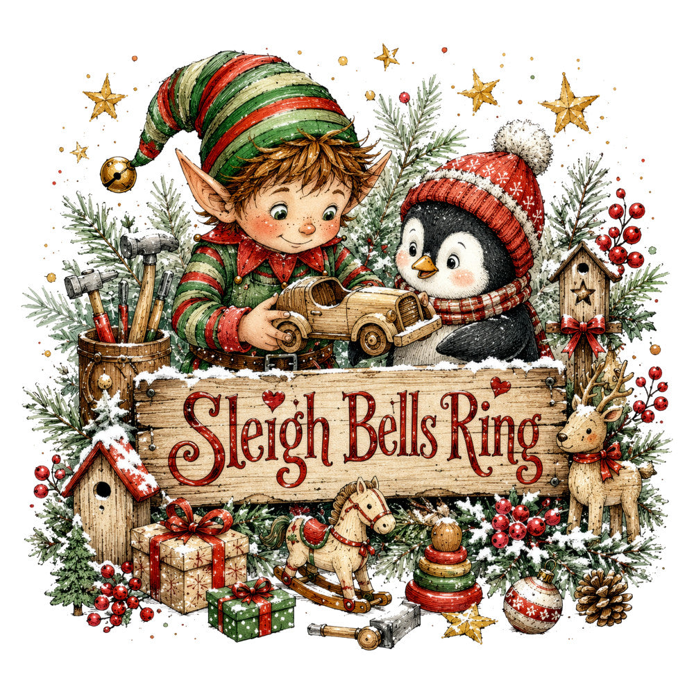 sleigh bells ring, christmas, holiday, elf, penguin, winter, red, green, gold, cream, whimsical, nostalgic, vintage, festive, children's, toys, wooden toys, rocking horse, stars, evergreen branches, pinecones, red berries, birdhouses, reindeer, gift boxes, decorative ornaments, snow, candy cane striped, traditional, cheerful