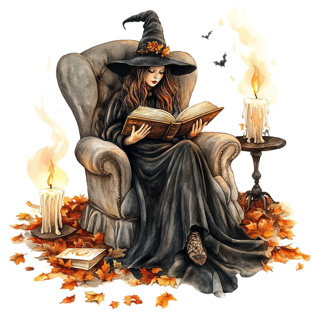 watercolor, witch, autumn leaves, orange, brown, gray, black, candles, flame, reading, book, armchair, hat, flowing dress, bats, cozy, mystical, halloween, fabric panel, seasonal, magical, gothic, fall colors, candlelight, spellbook