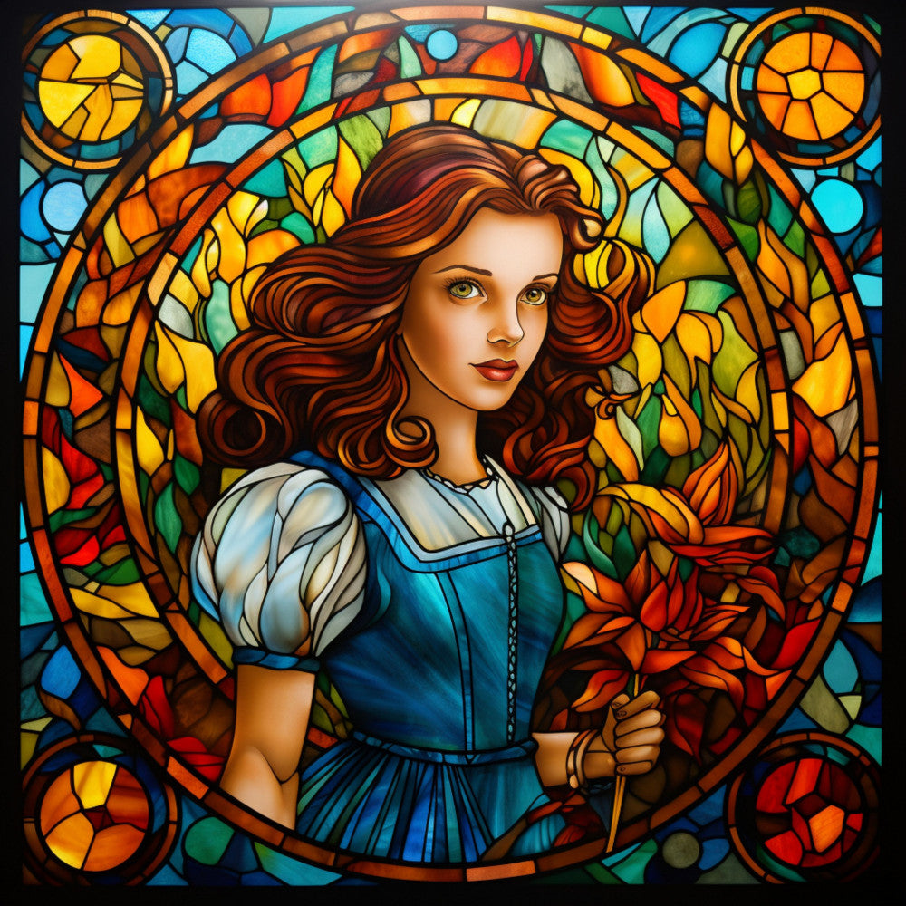 stained glass, dorothy, wizard of oz, auburn hair, blue dress, white blouse, autumn leaves, fabric panel, quilting cotton, jewel tones, turquoise, amber, orange, red, green, circular design, fantasy character, art nouveau style, decorative border, botanical elements
