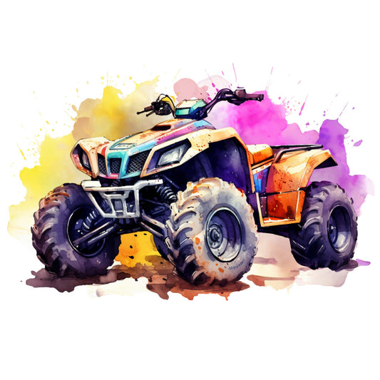 watercolor, four wheeler, atv, quad bike, purple, yellow, orange, pink, magenta, colorful splashes, paint splatters, off-road vehicle, adventure, outdoor recreation, artistic style, fabric panel, quilting cotton, motorsports, rugged tires, dynamic composition, vibrant colors, contemporary art