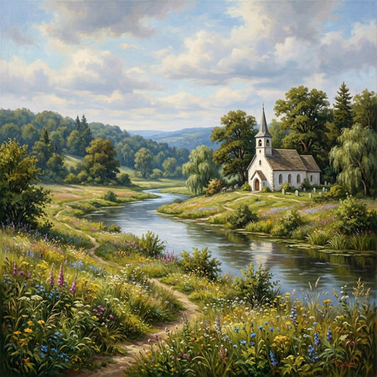 landscape, pastoral, countryside, church, white chapel, rolling hills, wildflowers, river, stream, blue water, green fields, meadow, trees, weeping willow, coniferous, spring, summer, nature scene, scenic, traditional, rustic, peaceful, serene, folk art, cottage core, sage green, cream white, sky blue, purple flowers, yellow flowers