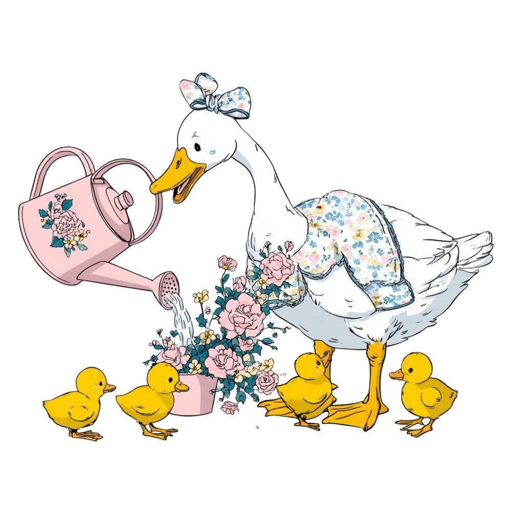 white duck, yellow ducklings, floral, pastel pink, soft blue, garden, watering can, flowers, roses, botanical, spring, baby, nursery, whimsical, charming, cottage core, farmhouse, animals, birds, adorable, sweet, gentle, nature, country, vintage inspired, cheerful, playful, baby shower, children's, girl