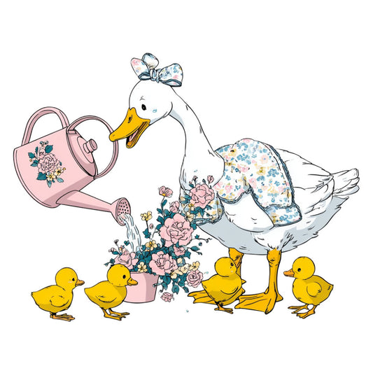 white duck, yellow ducklings, floral, pastel pink, soft blue, garden, watering can, flowers, roses, botanical, spring, baby, nursery, whimsical, charming, cottage core, farmhouse, animals, birds, adorable, sweet, gentle, nature, country, vintage inspired, cheerful, playful, baby shower, children's, girl