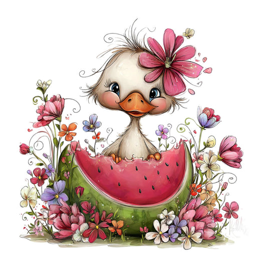 whimsical duck, watermelon, pink flowers, spring, baby, nursery, animal, sweet, cute, children's, floral, pastel pink, coral orange, purple, soft colors, nature, garden, charming, illustrated, playful, tender, innocent, bedding, wall art, decorative panel, cottage style, artistic, hand-drawn, buttercup yellow, lavender
