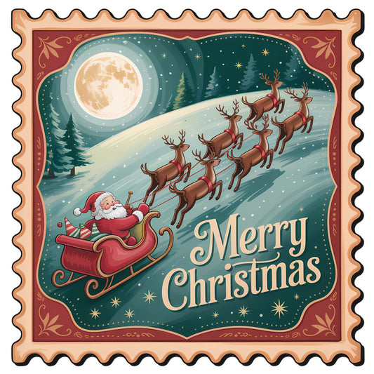 Vintage Christmas Stamps Fabric Panel 15 featuring Santa in sleigh with reindeer flying over snowy forest under full moon.
