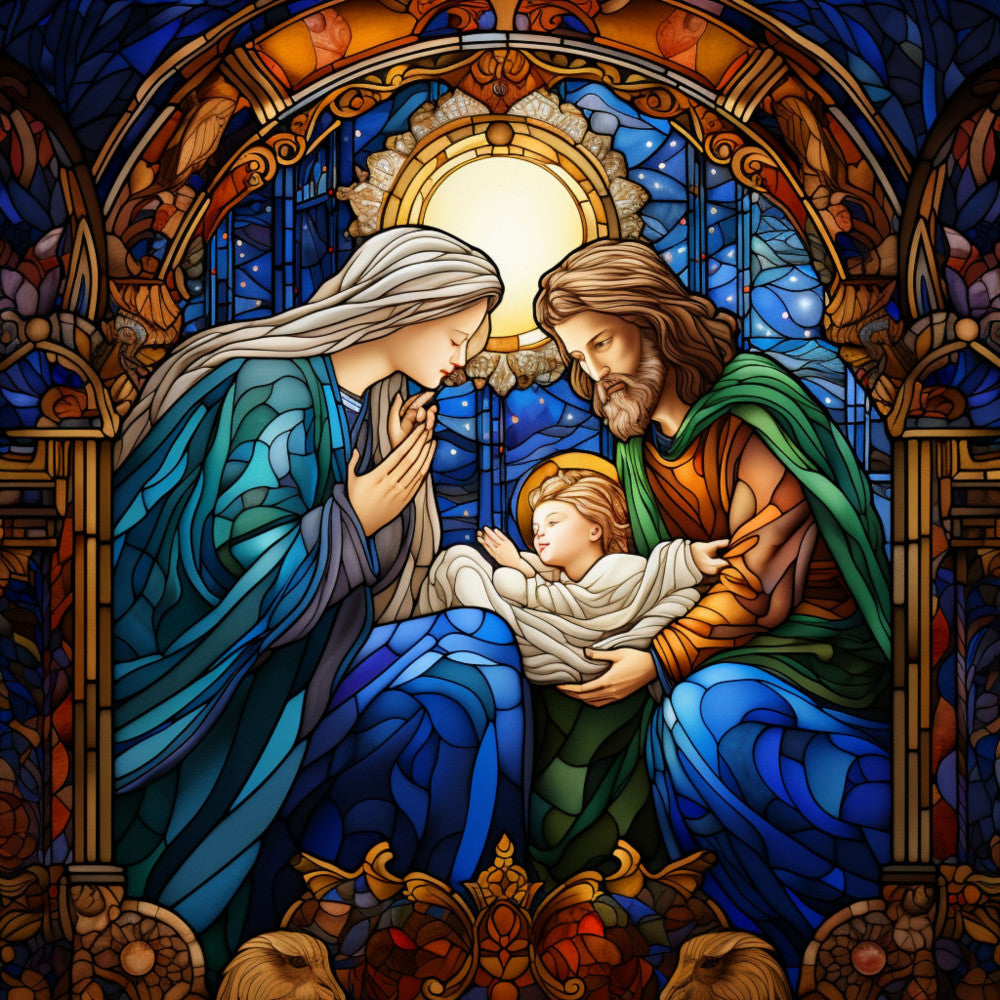 stained glass, nativity scene, holy family, mary, joseph, baby jesus, blue tones, golden yellow, deep orange, purple hues, religious imagery, christmas theme, fabric panel, quilting cotton, devotional art, sacred figures, halo design, ornate borders, cathedral style, seasonal crafting