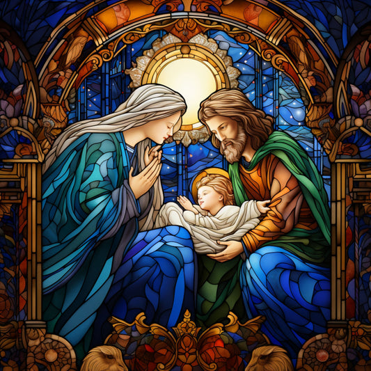 stained glass, nativity scene, holy family, mary, joseph, baby jesus, blue tones, golden yellow, deep orange, purple hues, religious imagery, christmas theme, fabric panel, quilting cotton, devotional art, sacred figures, halo design, ornate borders, cathedral style, seasonal crafting