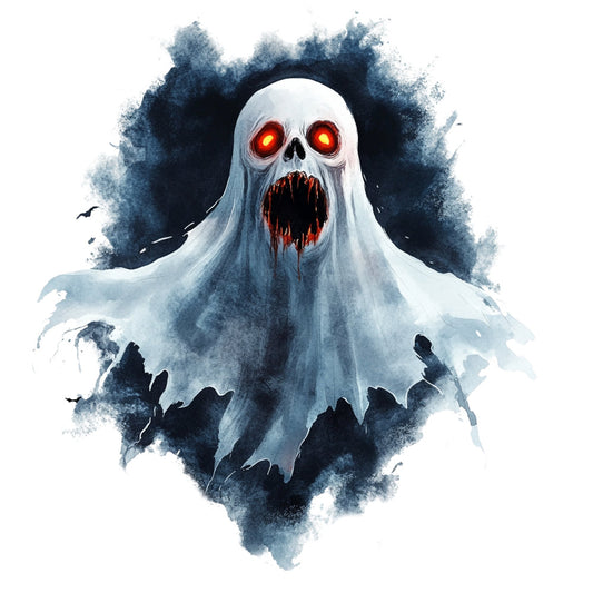 ghost, skull, halloween, spooky, scary, supernatural, horror, dark blue, navy blue, white, red, glowing eyes, evil, haunted, creepy, goth, gothic, dark fantasy, ethereal, ghostly, spectral, paranormal, october, fall, autumn, horror theme, monster, evil spirit, sinister, dark moody