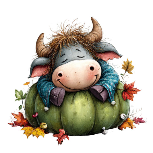 autumn, fall, cow, cattle, animals, farmhouse, whimsical, cute, charming, forest green, cream, dusty rose, teal blue, purple, brown, nature, seasonal, harvest, rustic, children, kids, playful, gentle, leaves, falling leaves, cozy, cottage style, folk art, illustration style