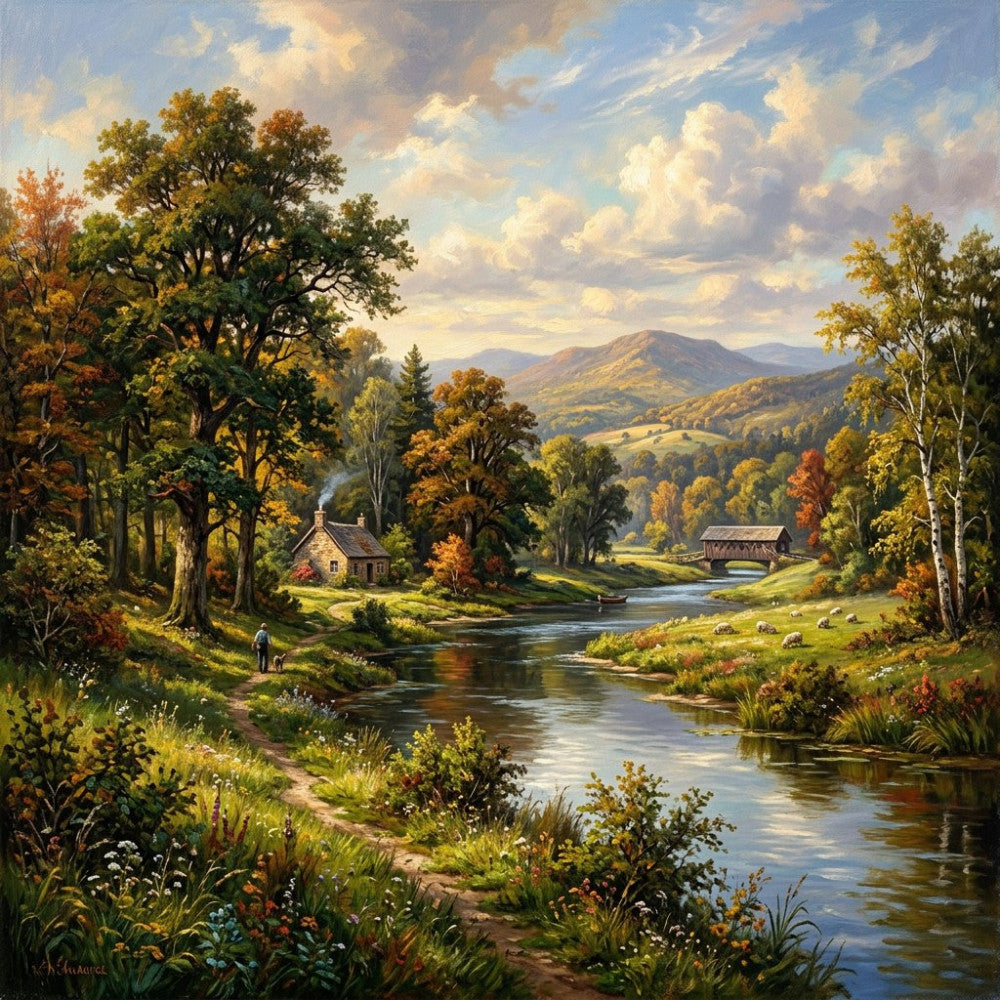landscape, scenic, pastoral, countryside, nature, mountains, trees, river, stream, water, cottage, farmhouse, bridge, autumn, fall, golden yellow, forest green, sky blue, cream, brown, earth tones, traditional, rustic, vintage, peaceful, tranquil, idyllic, english countryside, rolling hills, scenic vista