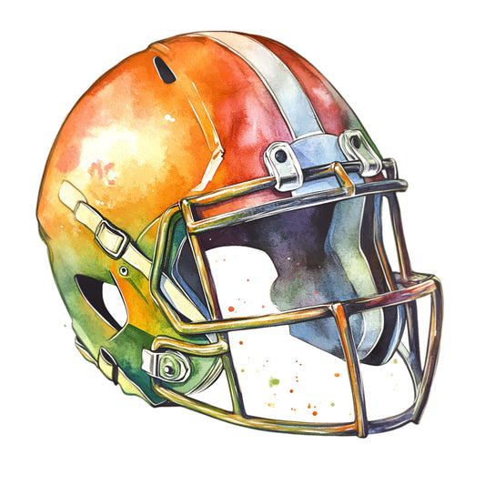 football helmet, sports, gradient watercolor, orange, yellow, green, blue, purple, red, rainbow colors, watercolor art, athletic, team spirit, sports themed, modern art, abstract watercolor, vibrant colors, multicolor, sunset colors, ombre effect, artistic, contemporary style, sports fan, team colors, game day, colorful gradient, artistic rendering, illustration style, bold colors