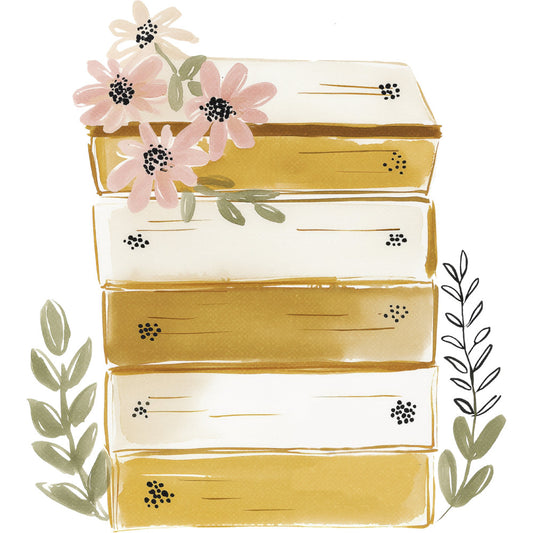 stacked books, cream, gold, mustard yellow, dusty rose, soft pink, sage green, olive green, black accents, floral, botanical, daisies, flowers, leaves, nature, whimsical, modern, elegant, spring, summer, literary, educational, stationery, reading themed, decorative elements, line details, watercolor style, soft colors, feminine, vintage inspired