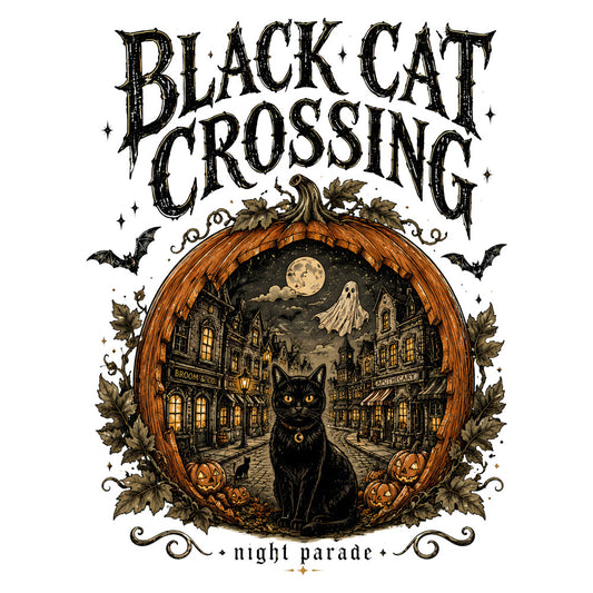 black cat, halloween, autumn, fall, night, gothic, spooky, scary, pumpkin, jack-o-lantern, ghost, bat, moon, full moon, vintage, whimsical, dark orange, cream, gold, charcoal black, street scene, haunted house, autumn leaves, celestial, night parade, festive, seasonal, horror, creepy, witch theme