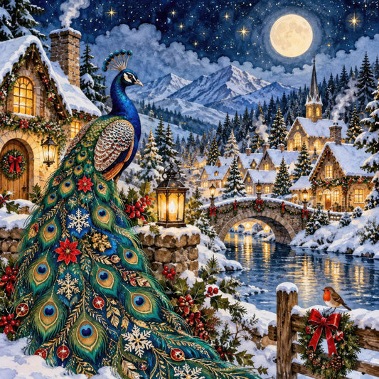 winter wonderland, peacock, christmas, holiday, snow, mountains, full moon, starry night, celestial, frosted trees, village scene, decorative, elegant, whimsical, traditional, fairy tale, jewel tones, deep blue, forest green, gold accents, red berries, ornamental, festive, nostalgic, vintage, european countryside, architectural, nature scene, wall hanging, home decor