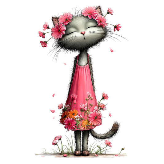 cat, kitten, flowers, floral, gerbera daisy, pink, coral pink, hot pink, black and white, whimsical, cute, playful, animal, nature, spring, summer, cheerful, charming, children, kids, nursery, girl, feminine, illustration, artistic, delicate, botanical, petal, daisy print, flower crown