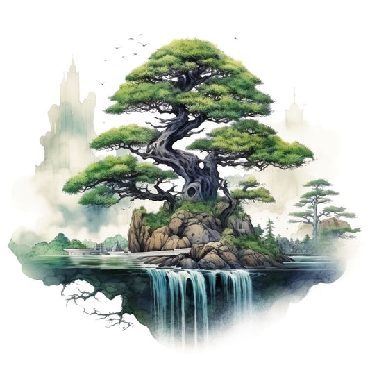 watercolor, bonsai tree, green foliage, twisted trunk, rocky landscape, waterfall, flowing water, birds in flight, misty mountains, serene nature, fabric panel, quilting cotton, asian inspired, tranquil scene, pine needles, stone formations, natural elements, peaceful landscape, artistic illustration, soft edges
