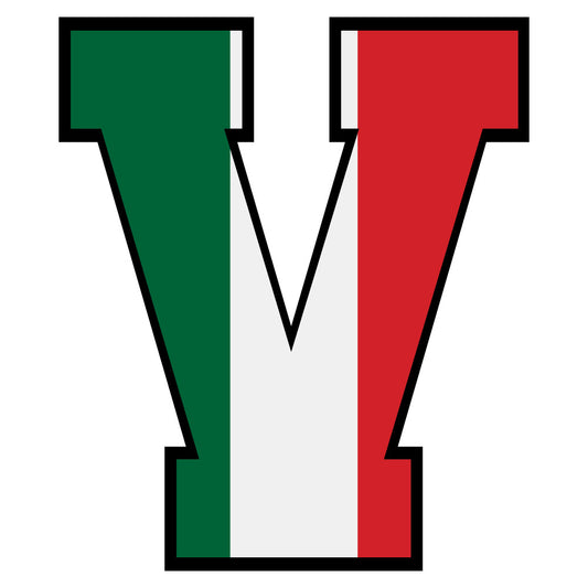 green, red, white, letter v, mexican flag colors, alphabet design, patriotic theme, fabric panel, quilting cotton, bold letters, tricolor stripes, educational motif, children's fabric, craft material, sewing project, geometric shapes, primary colors, national pride, learning tool, block letter