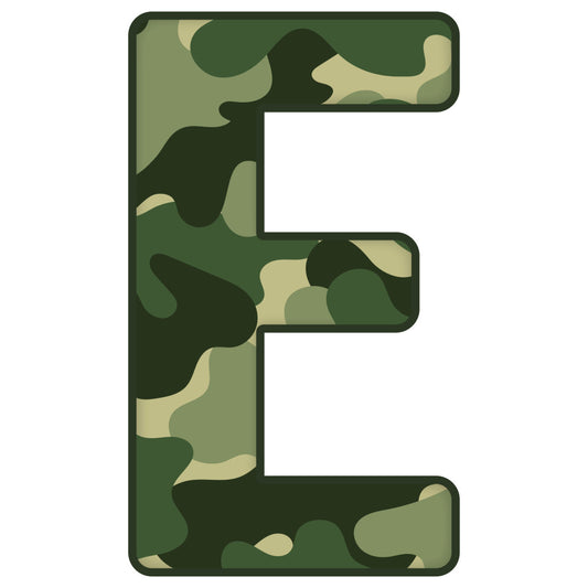 forest green, sage green, cream, tan, camouflage, camo pattern, abstract, modern, geometric, military style, nature, outdoor, masculine, neutral tones, contemporary, bold pattern, letter e, alphabet, typography, monogram, home decor, wall art, nursery, children's, playroom, gender neutral, rustic, minimalist, structured design