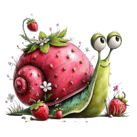 strawberry, snail, whimsical, creature, nature, garden, red, lime green, chartreuse, pink, floral, flowers, botanical, spring, summer, children's, kids, playful, illustration, storybook, fantasy, cute animals, insects, berries, leaves, foliage, soft colors, watercolor, artistic, natural elements